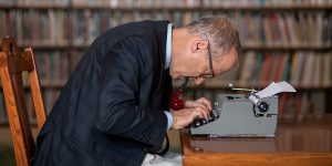 David Sedaris with typewriter