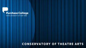 Blue curtain with spotlight, Purchase College logo and Conservatory of Theatre Arts label