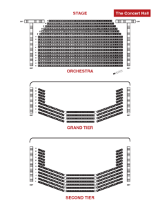 Concert Hall seating chart showing row and seat numbers for orchestra, grand tier, and top tier balconies, with exits, stairs, and wheelchair seating indicated.