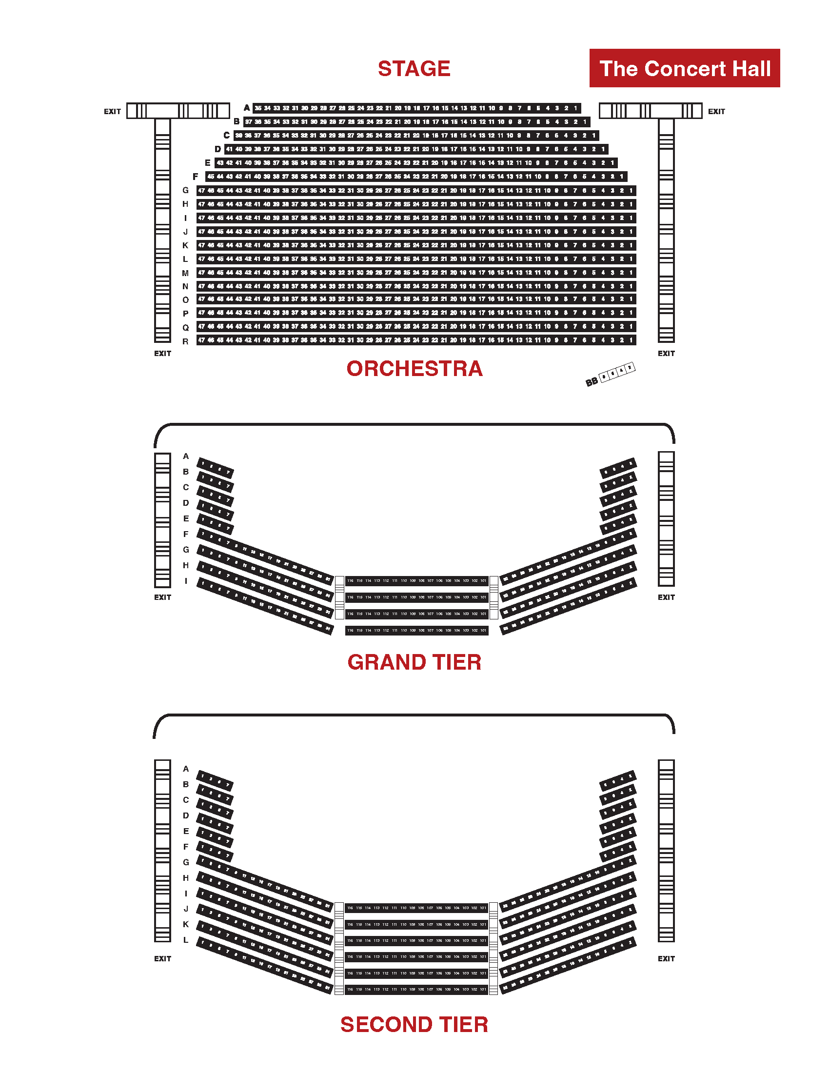 Concert Hall seating chart showing row and seat numbers for orchestra, grand tier, and top tier balconies, with exits, stairs, and wheelchair seating indicated.