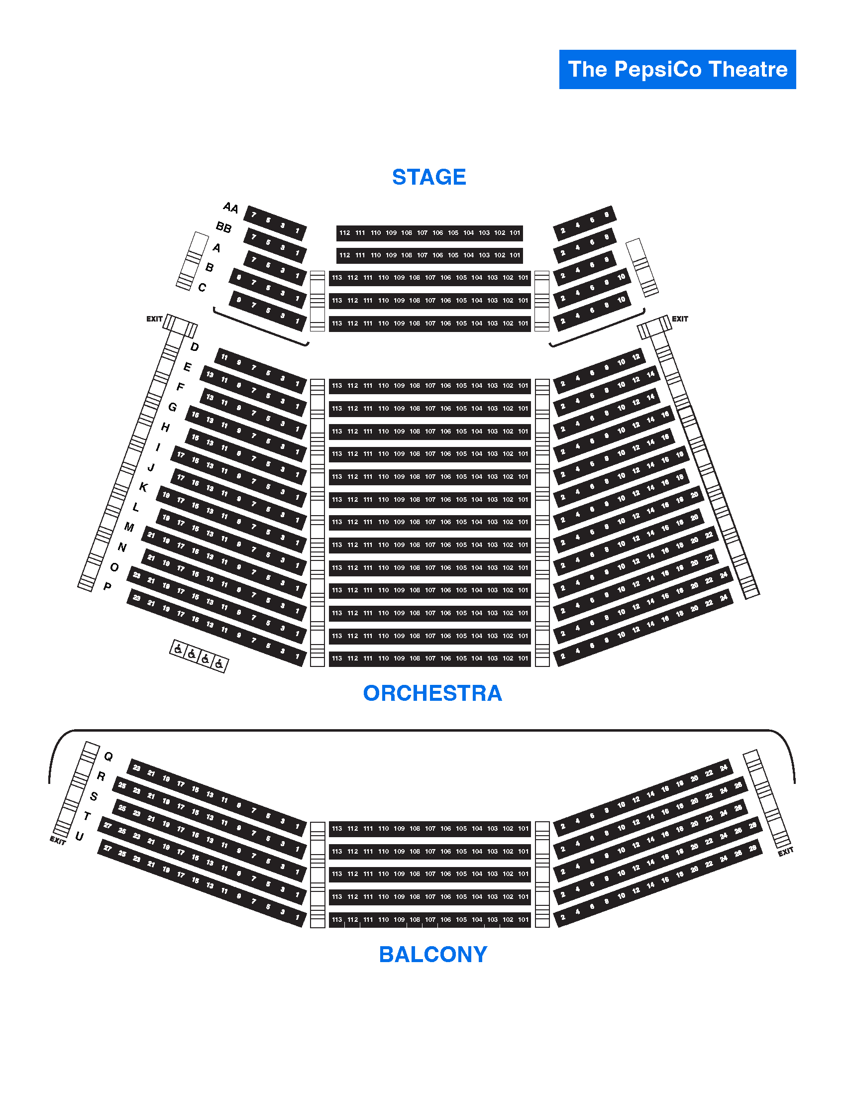 PepsiCo Theatre seating chart showing row and seat numbers, for orchestra and balcony levels, including exits, stairs, and wheelchair seating locations.