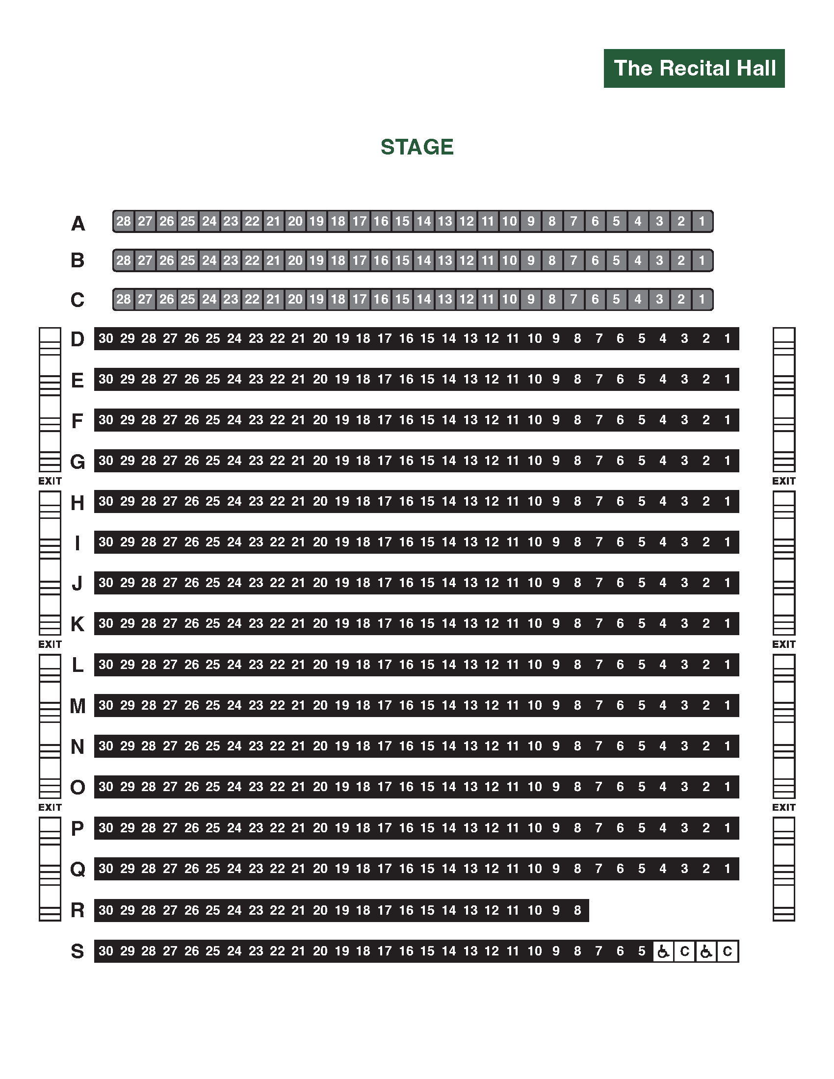 Seating chart for the Recital Hall including seat and row numbers, stairs, exits, and wheelchair seating locations.