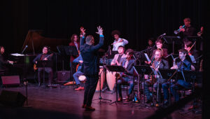 SUNY Purchase Latin Jazz orchestra performing on stage