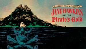 Graphic novel style drawing of a volcanic island and the title Treasure Island Reimagined.