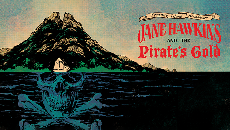 Graphic novel style drawing of a volcanic island and the title Treasure Island Reimagined.