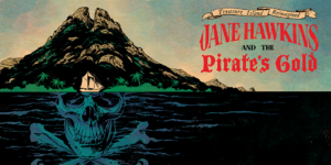 Graphic novel style drawing of a volcanic island and the title Treasure Island Reimagined.