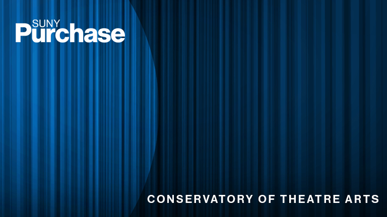 Blue curtains with SUNY Purchase logo and a heading that reads Conservatory of Theatre Arts